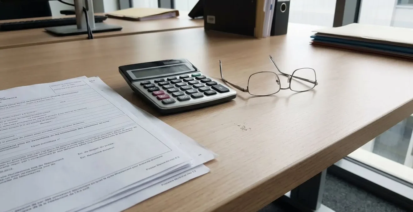 Gros plan sur une calculatrice posée à côté de documents de crédit et d'un stylo sur un bureau propre et lumineux