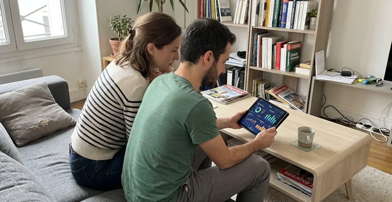 Un couple dans la trentaine consulte ensemble des documents d'assurance sur une tablette dans un salon lumineux aux tons clairs