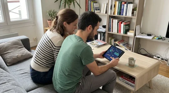 Un couple dans la trentaine consulte ensemble des documents d'assurance sur une tablette dans un salon lumineux aux tons clairs