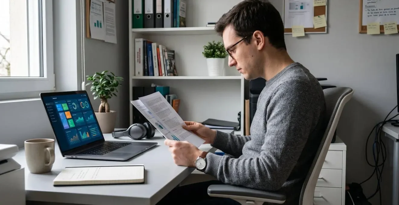 Une personne dans la trentaine examine attentivement des documents d'assurance avec un stylo surligneur sur un bureau organisé près d'une fenêtre