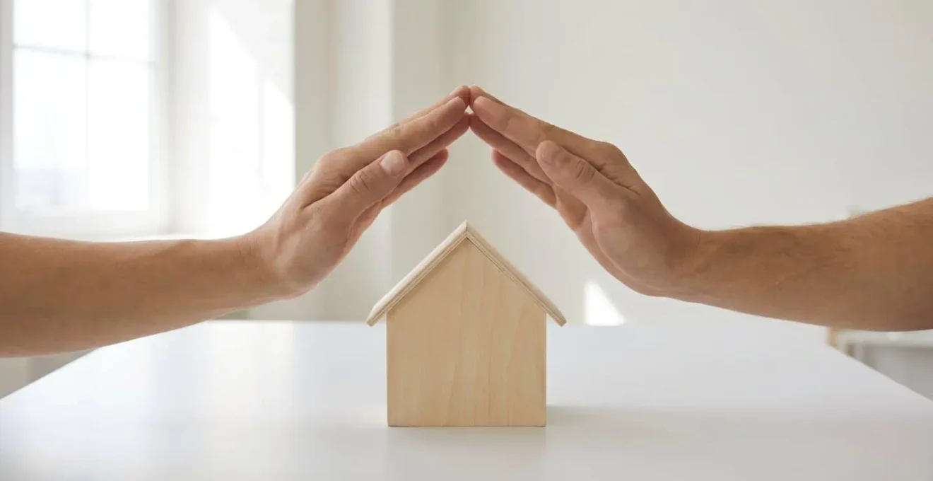 Deux mains formant un geste protecteur au-dessus d'une maquette de maison en bois, symbolisant la sécurité offerte par l'assurance emprunteur.