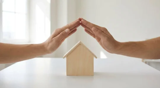 Deux mains formant un geste protecteur au-dessus d'une maquette de maison en bois, symbolisant la sécurité offerte par l'assurance emprunteur.