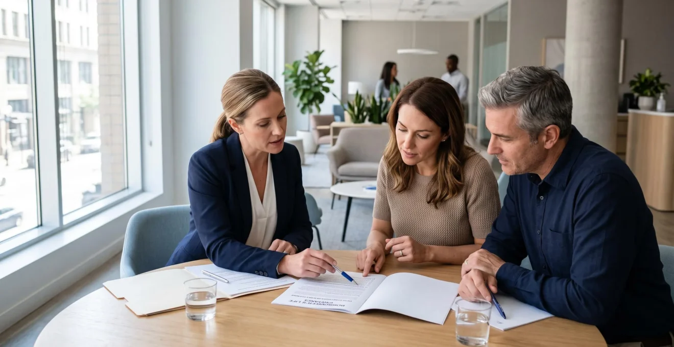 Une conseillère en assurance explique la garantie décès d'un contrat d'assurance emprunteur à un couple dans un bureau de conseil lumineux
