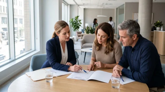 Une conseillère en assurance explique la garantie décès d'un contrat d'assurance emprunteur à un couple dans un bureau de conseil lumineux