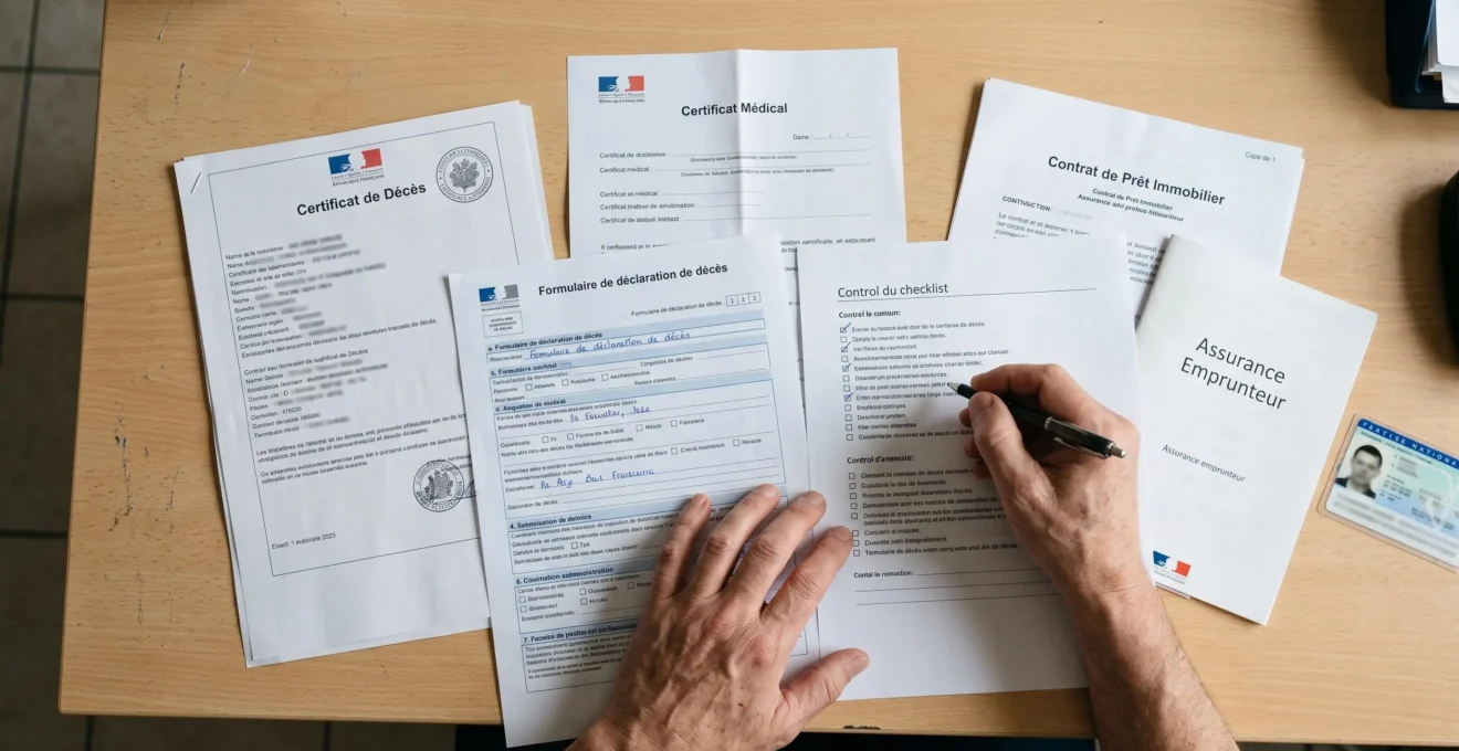 Vue de dessus de documents administratifs nécessaires à la déclaration d'un sinistre décès organisés sur un bureau, avec les mains d'une personne vérifiant les pièces requises
